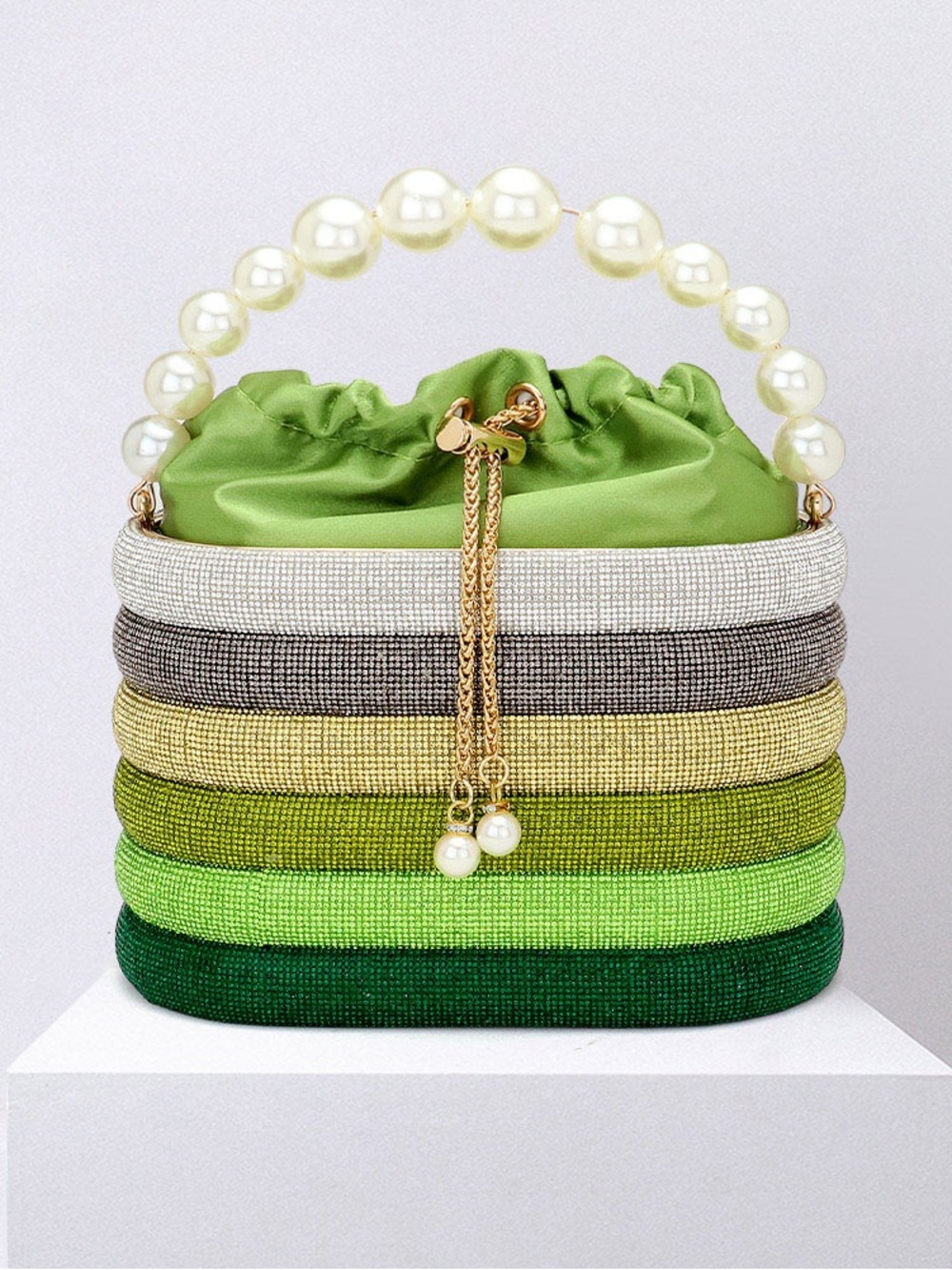 Pearl-Handle Green Satin Top Women's Evening Bag